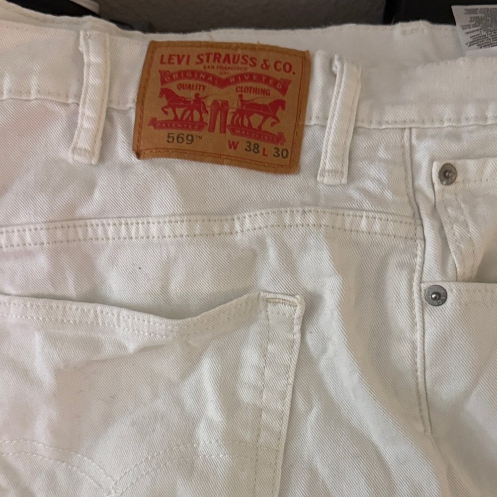 Levi's White 569 Relaxed Fit Jeans with Leather Patch